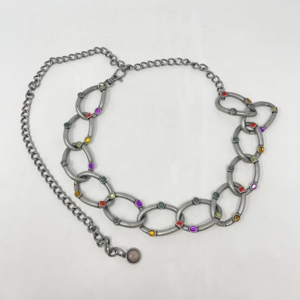 Urban‎ Outfitters Vintage Rainbow Studded Chain Belt Silver Multi Jeweled Stones